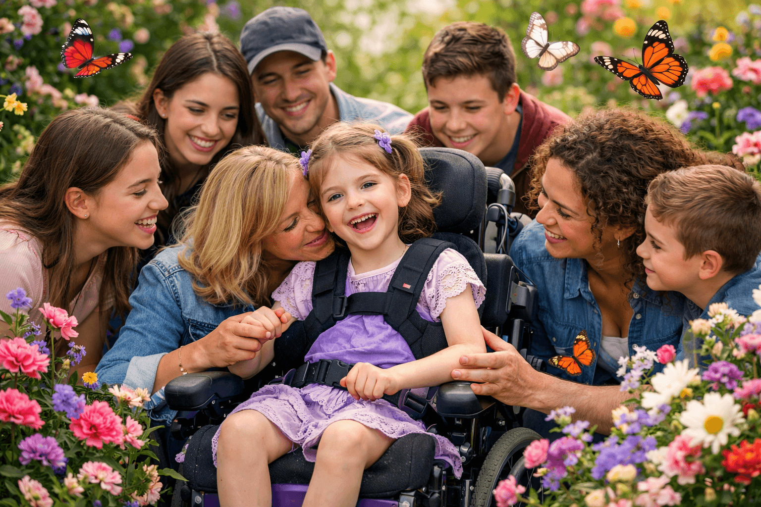 Famille réunie dans un jardin fleuri autour d’une enfant en fauteuil, symbole d’entraide RE2T